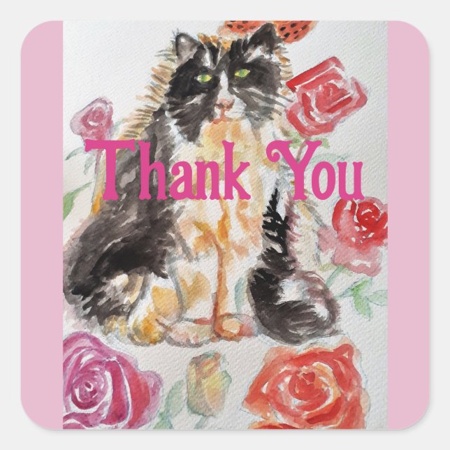 Sticker Carré Tuxedo Chat Cute Rose Fleurs Chats Merci Rose (Devant)