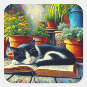Sticker Carré Tuxedo Chat dormir sur un livre Jardin Peinture