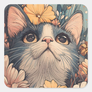 Sticker Carré Tuxedo chat et fleurs adorables