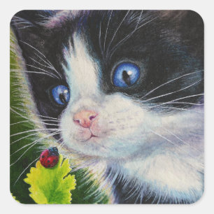 Sticker Carré Tuxedo Kitten & Ladybug Watercolor Art
