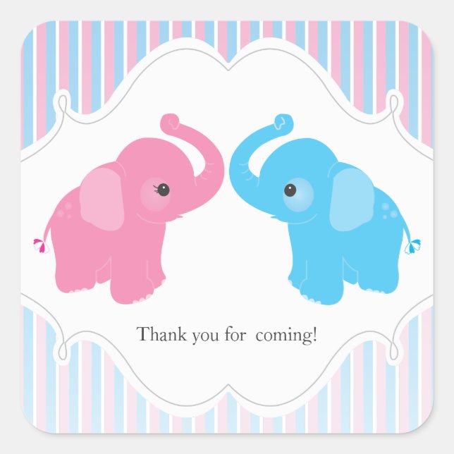Sticker Carré Twin Boy & Girl Elephant Baby shower Favoriser Sti (Devant)