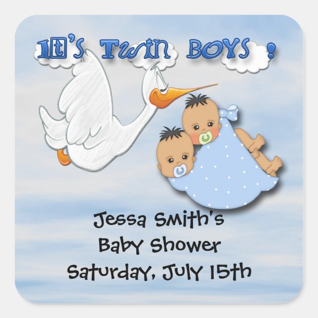 Sticker Carré Twin Boys - Stork Baby shower Favoriser les autoco (Devant)