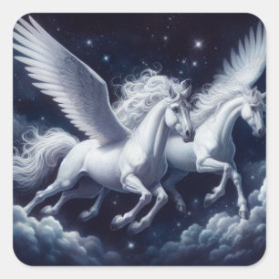 Sticker Carré Twin Pegasus contre le ciel bleu foncé