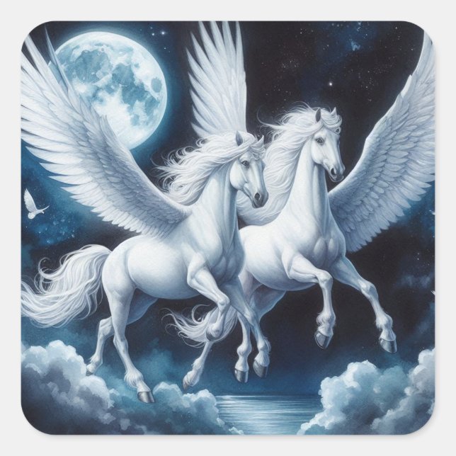 Sticker Carré Twin Pegasus volant avec la lune derrière eux (Devant)