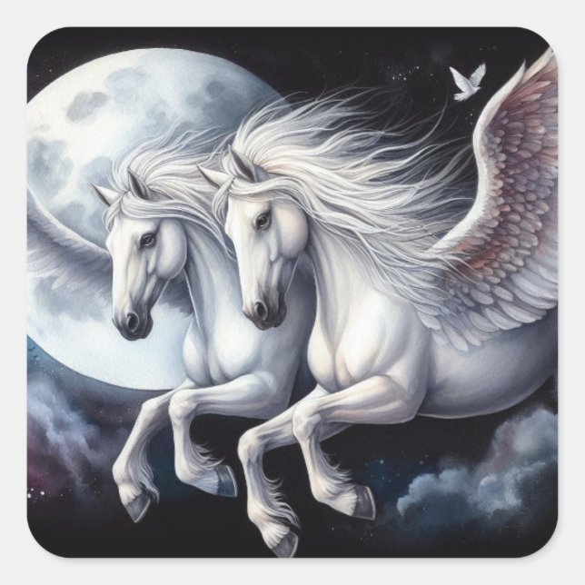 Sticker Carré Twin Pegasus volant devant la Lune (Devant)