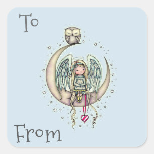 Sticker Carré Twinkle Little Angel et hibou illustration d'art