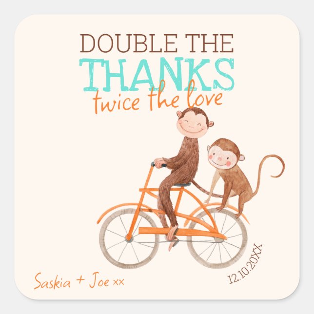 Sticker Carré Twins Baby shower mignon singe double problème (Devant)