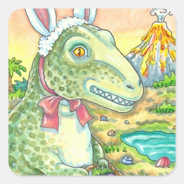 STICKER CARRÉ TYRANNOSAURUS, CUTE T-REX, EASTER BUNNY DINO (Devant)