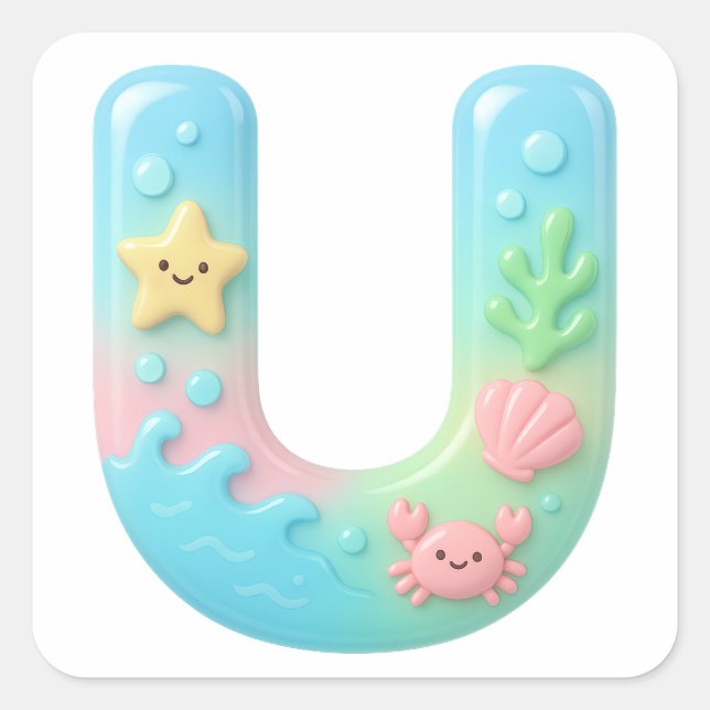 Sticker Carré "U" Cute Letter - Underwater Sea Creature  (Devant)