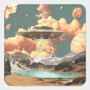 Sticker Carré UFO surréaliste au-dessus d'un lac de montagne ave