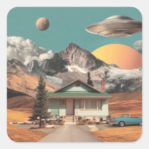 Sticker Carré UFO Surréaliste au-Dessus d'une Maison Rustique