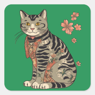 Sticker Carré Ukiyo-e Chat et Motif de fleurs Vol.2