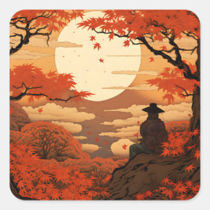 Sticker Carré Ukiyo-e Japon automne samouraï