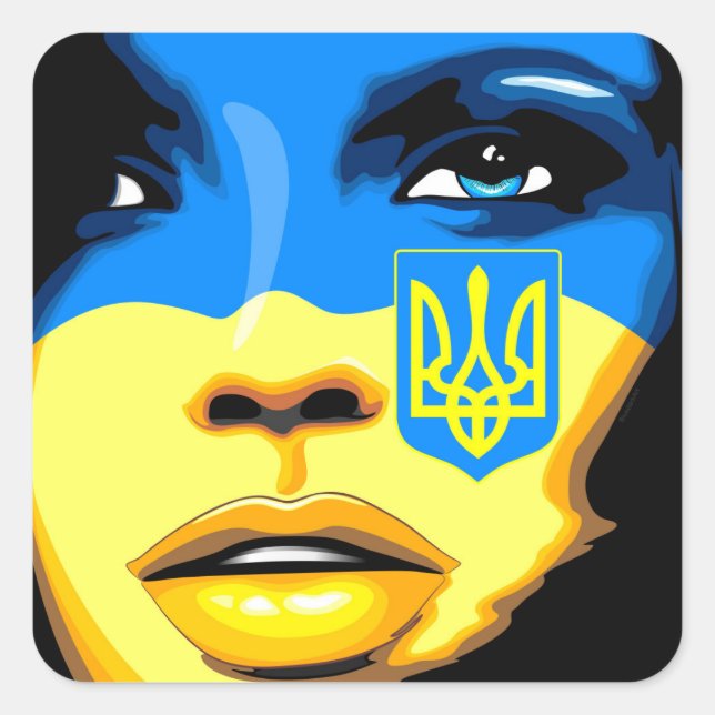 Sticker Carré Ukraine Flag painted on Beautiful Girl Portrait  (Devant)