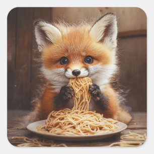 Sticker Carré Un adorable bébé renard rouge mangeant des spaghet