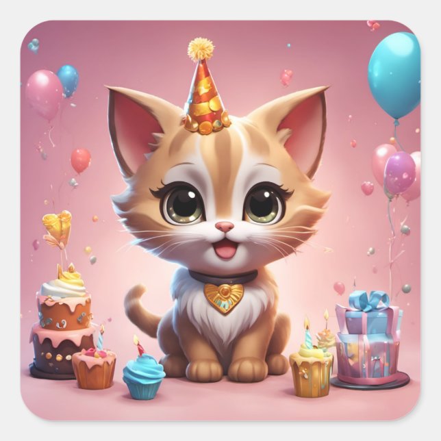 Sticker Carré Un adorable chaton qui fête son anniversaire (Devant)