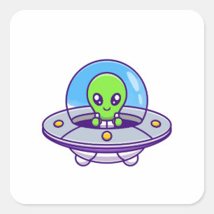 Sticker Carré Un Alien mignon en OVNI