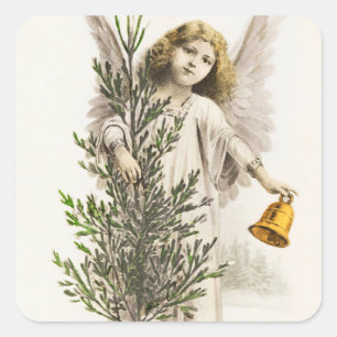 Sticker Carré Un ange tenant une cloche de Noël Vintage Fête