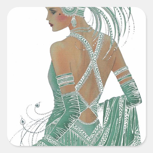 Sticker Carré Un aperçu de l'élégance : Green Backless Dress Des (Devant)
