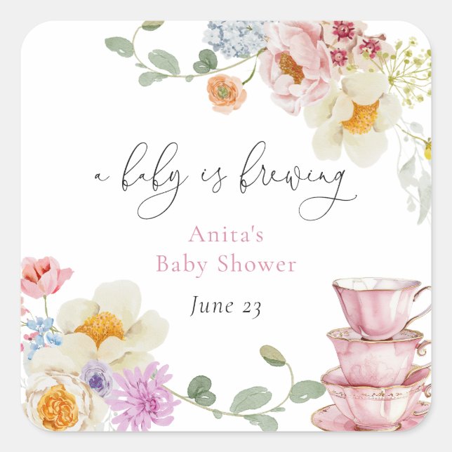 Sticker Carré Un bébé brasse un Baby shower de thé Fleur sauvage (Devant)