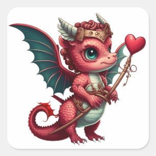 Sticker Carré Un bébé Dragon Rouge Valentine