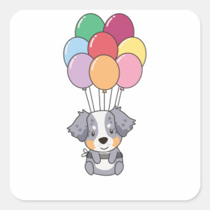 Sticker Carré Un Berger Australien Vole Avec Des Ballons Colorés