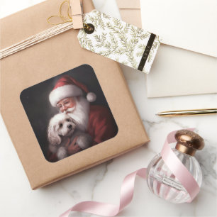 Sticker Carré Un caniche au Père Noël Festif