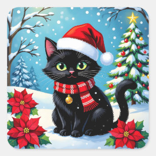 Sticker Carré Un chat festif noir avec un fond de Noël