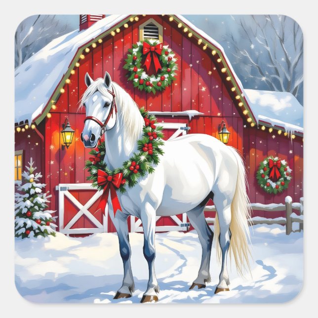 Sticker Carré Un Cheval Blanc Festif et une Grange d'hiver Noël (Devant)