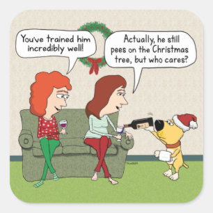 Sticker Carré Un chien mignon et amusant qui sert du vin à Noë