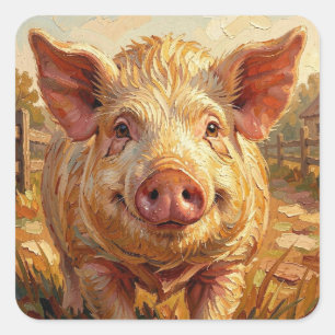 Sticker Carré Un cochon mignon dans une ferme boueuse