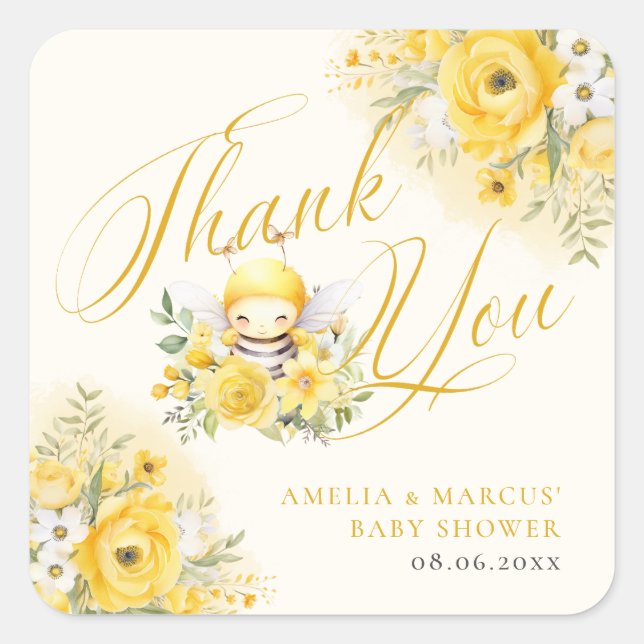 Sticker Carré Un doux petit miel Baby shower d'abeilles Merci (Devant)