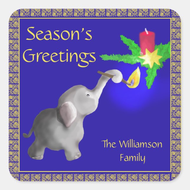 Sticker Carré Un éléphant personnalisé éclaire un Noël aux bougi (Devant)