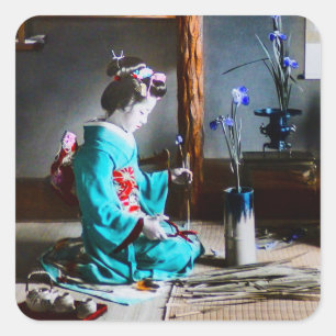 Sticker Carré Un geisha s'chargeant de l'iris fleurit le vieux