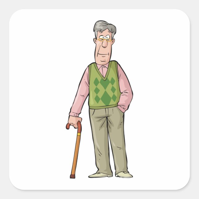 Sticker Carré Un Homme Âgé Avec Un Bâton De Marche (Devant)