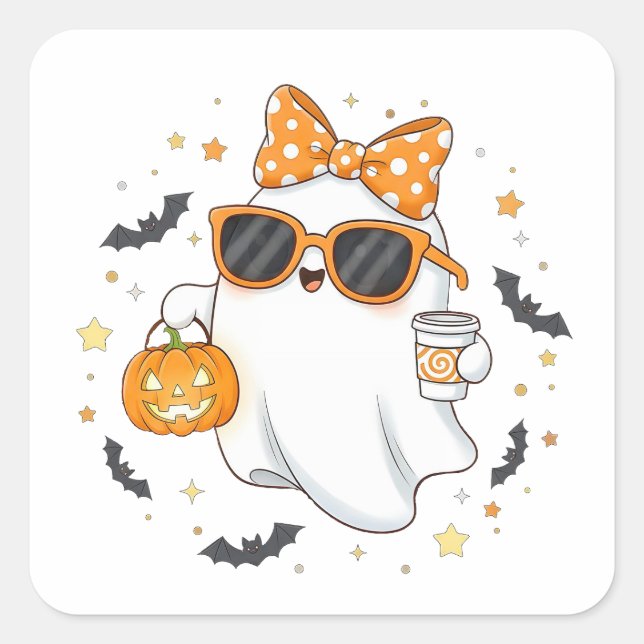 Sticker Carré Un joli fantôme d'Halloween avec Citrouille (Devant)