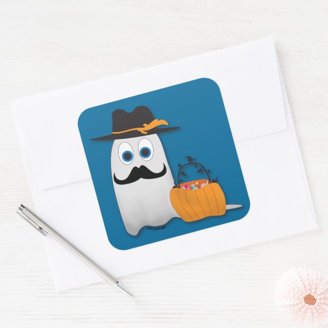 Sticker Carré Un joli fantôme d'Halloween avec moustache Cool (Enveloppe)