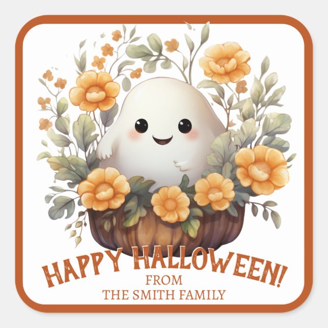 Sticker Carré Un joli fantôme d'Halloween personnalisé (Devant)