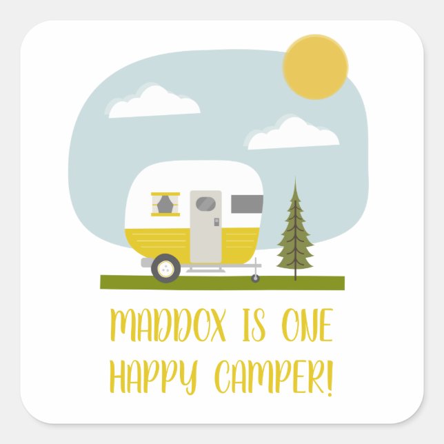 Sticker Carré Un Joyeux Camper Jaune remorque Anniversaire (Devant)