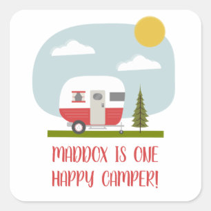 Sticker Carré Un Joyeux Camper Red Trailer Anniversaire