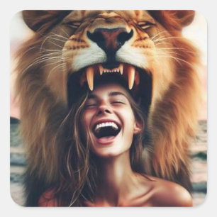 Sticker Carré Un lion rugissant une fille qui rit