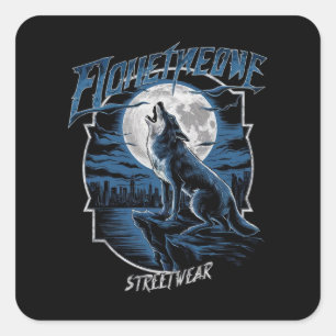 Sticker Carré Un loup solitaire, hurlant à la pleine lune sur un