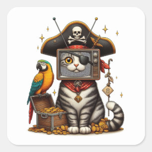 Sticker Carré Un mignon chat pirate avec la télévision à la tête