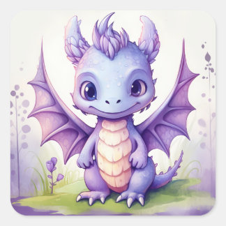 Sticker Carré Un mignon dragon de bébé violet à l'aquarelle