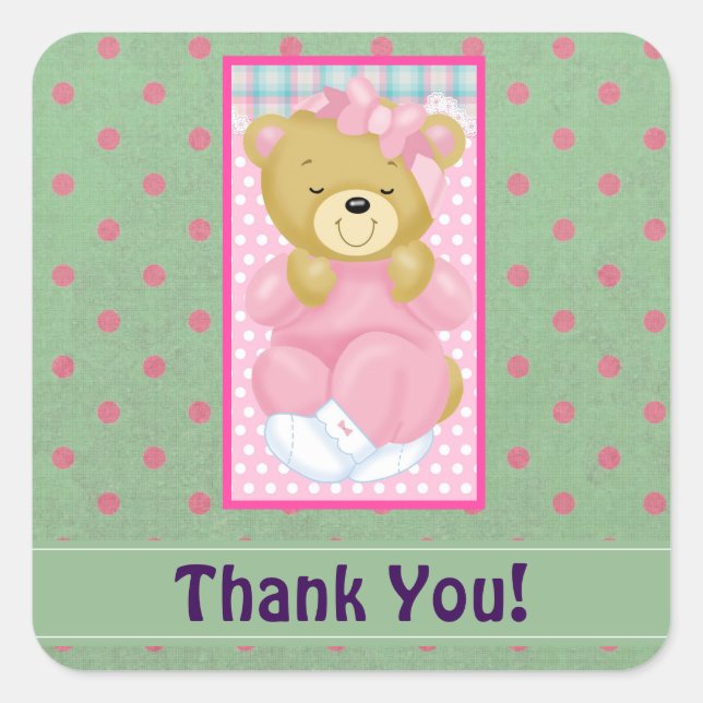 Sticker Carré Un mignon ours vêtu de Merci rose (Devant)