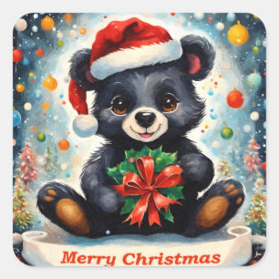 Sticker Carré Un ourson pour noël