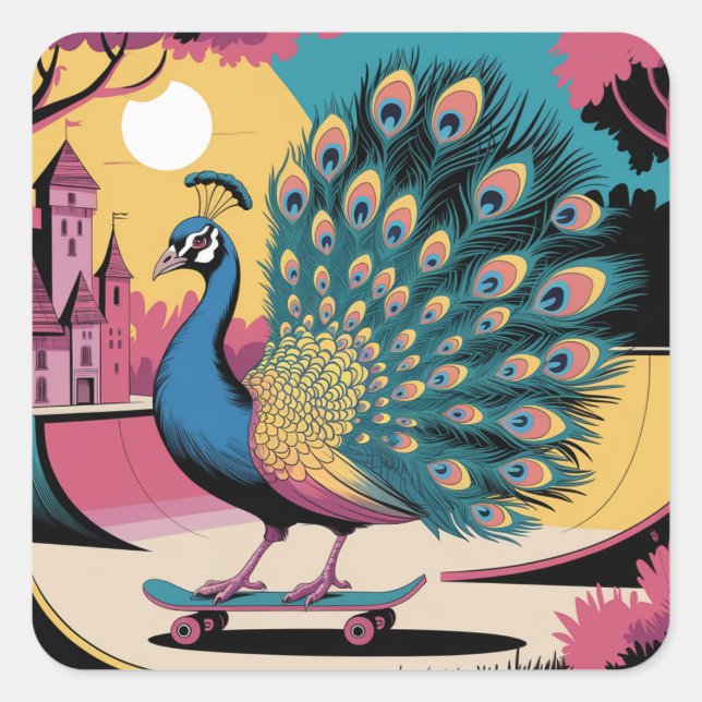 Sticker Carré Un paon de skateboard (Devant)