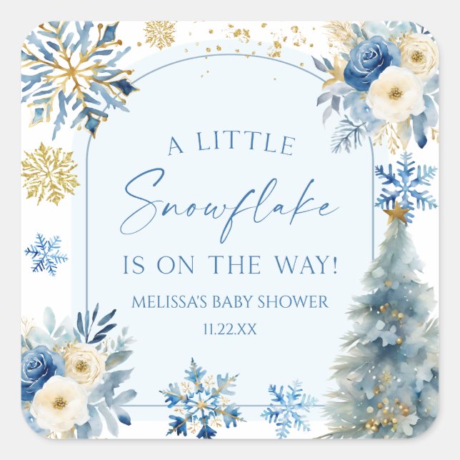 Sticker Carré Un petit Baby shower d'hiver bleu Snowflake (Devant)