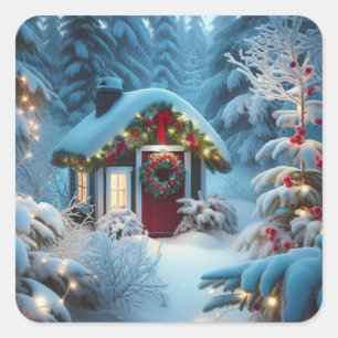 Sticker Carré Un petit Cabine dans les bois   Noël festif