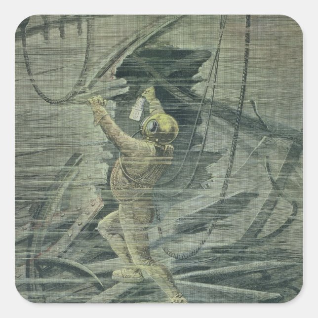 Sticker Carré Un plongeur de mer profonde regardant les épaves (Devant)